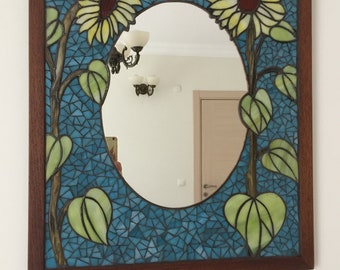 Handmade Mosaic Mirror – Wooden Frame, Sunflowers, Boho Wall Decor (65cm x 55cm)