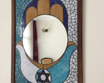 Handmade Hamsa Peace Dove Stained Glass Mirror – Spiritual Boho Wall Art (77cm x 57cm)