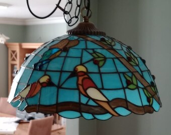 Birds and Butterflies Stained Glass Ceiling Lamp – Handmade Tiffany Style Pendant Light – Colorful Chandelier – Nature Inspired Lighting