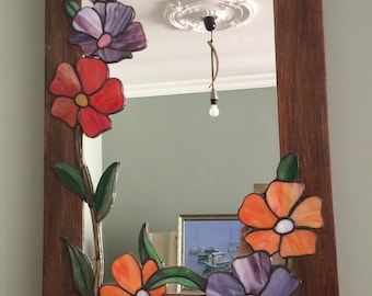 Floral Stained Glass Mirror – Wooden Frame, Mosaic Wall Art, Boho Home Decor