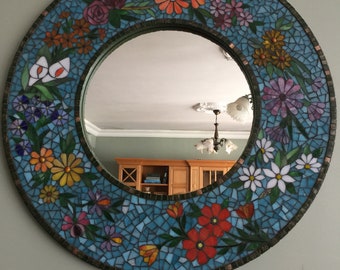 Handmade Floral Mosaic Mirror – Round Glass Wall Art, Boho Home Decor