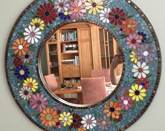 Handmade Floral Mosaic Round Mirror – Stained Glass Boho Wall Art