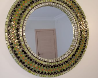 Handmade Round Glass Mosaic Mirror – Wooden Frame Boho Modern Wall Decor