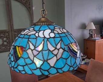 Ornate Stained Glass Rainbow Ceiling Lamp – Handmade Tiffany Style Pendant Light – Colorful Chandelier – Artistic Nature Inspired Lighting