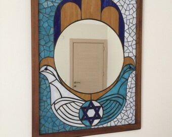 Handmade Hamsa Pigeon Stained Glass Mirror – Spiritual Boho Wall Art Symbolism