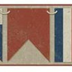 May include: A nautical themed wallpaper border with a repeating pattern of red, white, blue, and yellow flags. The flags have different geometric shapes, including triangles, stripes, and diamonds.