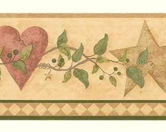 Country Folkart Hearts & Stars Wallpaper Border FDB50177