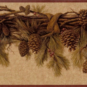 May include: A brown and green pine branch garland with pine cones and red berries. The garland is made of natural materials and has a rustic look.
