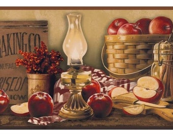Country Mixed Fruit Vine Grape Apple Cherry Kitchen Apples Wall paper Border