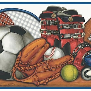 Sports Balls and Equipment on Shelf Wallpaper Border MN5035