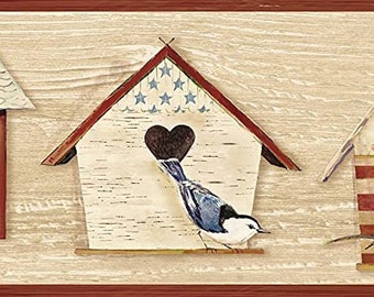 Cottage Chic Birdhouses Dark Red Wallpaper Border CCB2242