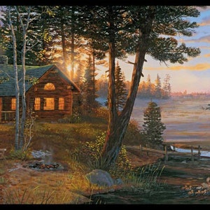 May include: A painting of a lake scene with two cabins on either side of the lake. The cabins are made of wood and have windows and doors. The lake is calm and the water is a light blue color. The sky is a light blue color with some clouds. The trees are green and brown. There is a fire burning in front of the cabin on the left side of the image.