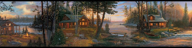 May include: A painting of a lake scene with two cabins on either side of the lake. The cabins are made of wood and have windows and doors. The lake is calm and the water is a light blue color. The sky is a light blue color with some clouds. The trees are green and brown. There is a fire burning in front of the cabin on the left side of the image.