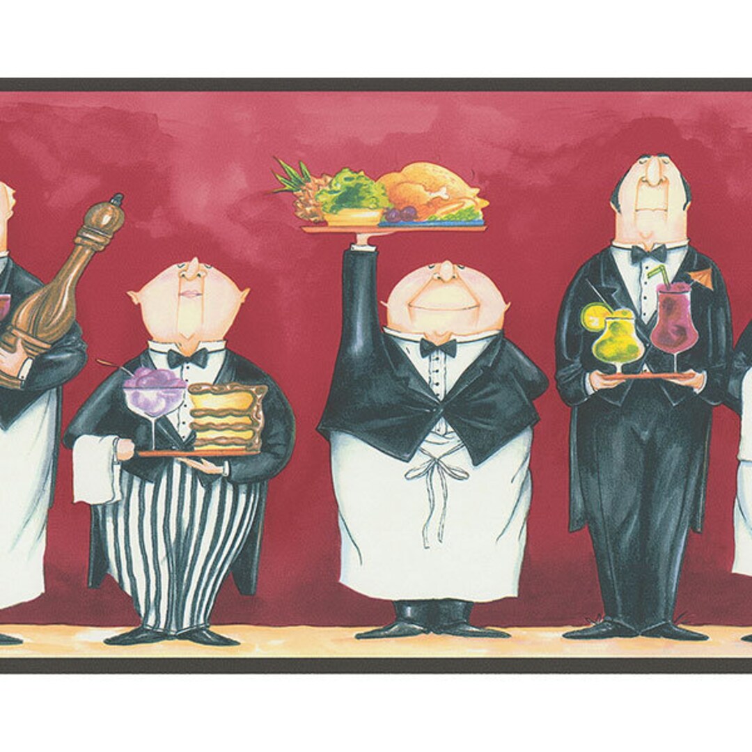Whimsical Waiters Chef Kitchen Wallpaper Border Red FK78453 Etsy