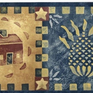 May include: A blue and gold patterned wallpaper border with a house and pineapple design. The house is red and brown with a white chimney. The pineapple is yellow and white with a blue background.