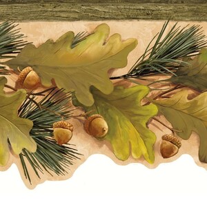 May include: A brown wooden plank with a border of green pine needles and yellow oak leaves with brown acorns.