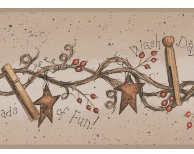 Windy Clothesline Country Laundry Wallpaper Border Laundry Room Wall Decor Green, Cream 15 Ft L