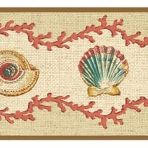 May include: A beige and brown wallpaper border with a repeating pattern of coral branches and seashells. The seashells are in shades of white, brown, and green.