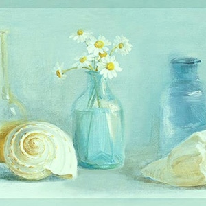 May include: A still life painting featuring a blue vase with white daisies, two clear glass bottles, and two seashells on a light blue background.