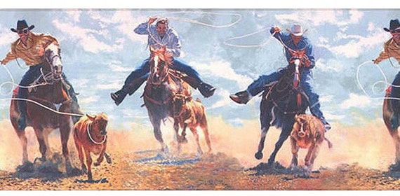 Western Horses Cattle Roping Wallpaper Border Blue IN2647b | Etsy