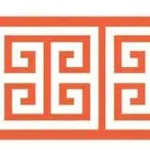 May include: A repeating pattern of white Greek key designs on a coral orange background. The design is a continuous border.
