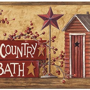 May include: Red and white country-style bathroom sign with the words "Country Bath" and a red outhouse with a star on the door.
