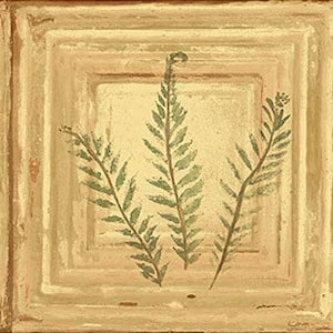 May include: A beige and brown wallpaper border with a repeating pattern of green fern leaves in a square frame.