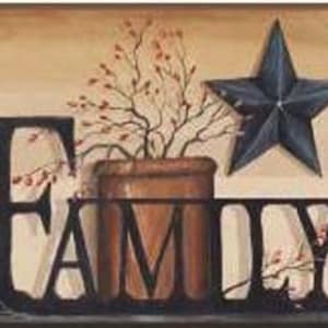 May include: A rustic-style wall decor with the word "FAMILY" in black metal letters. The decor also features a blue star, a checkered board, and a brown pot with a red and green plant.