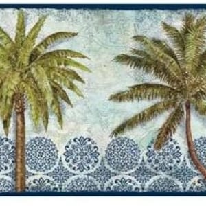 May include: A blue and white wallpaper border with a tropical theme. The border features two palm trees with green leaves and a blue and white patterned background.