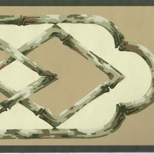 May include: Decorative wallpaper border featuring a bamboo-style trellis design. The trellis is rendered in shades of green and brown, with red accents, set against a beige and cream background. A dark green border frames the top and bottom.