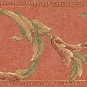 Acanthus Scroll Coral and Green Wallpaper Border CR061211b