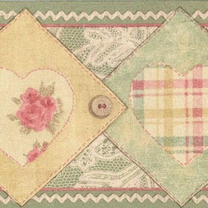 May include: A green, yellow, and pink patchwork border with two hearts. One heart has a floral pattern and the other has a plaid pattern. The border has a lace design and buttons.