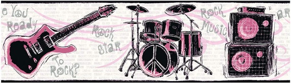 Rock N' Roll Guitar Music Black/pink Wallpaper Border