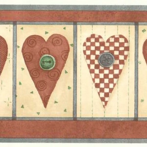 May include: A red, white, and blue patterned wallpaper border with a repeating design of four hearts with buttons. The hearts are in different patterns, including checkered, striped, and swirl.