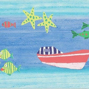 May include: A colorful illustration of a red boat with a striped roof, a purple shark, green fish with red spots, yellow fish with green stripes, and yellow starfish with green spots on a blue background.