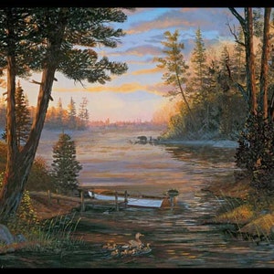 May include: A painting of a lake scene with two wooden cabins on either side of the lake. The lake is surrounded by trees and there is a small wooden dock in the water. The sky is a soft orange and pink color, and the sun is setting in the distance.