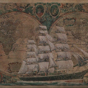 May include: A vintage world map with a large sailing ship in the foreground. The map is printed on a textured paper with a faded brown color. The ship has white sails and a dark hull.
