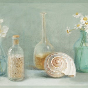 May include: A still life painting of a seashell, three glass bottles, and two vases of flowers. The bottles are filled with sand, liquid, and flowers. The vases are filled with white flowers. The background is a light blue-green color.