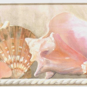 May include: A seashell border wallpaper with a pink, white, and brown seashell design. The wallpaper features a rope border.