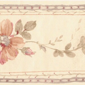 May include: A vintage wallpaper border with a delicate floral design. The border features pink roses and leaves on a cream background. The border has a repeating pattern of small, gray ovals.