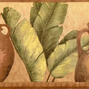 May include: A brown and tan wallpaper border with a design of two brown pottery urns and green banana leaves.