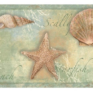 May include: A green and brown seashell border with a conch shell, a scallop shell, a starfish, and the words "Conch", "Scallop", and "Starfish".