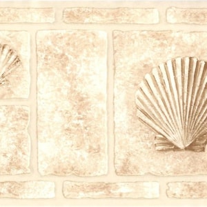 May include: Beige brick wallpaper with a seashell design. The wallpaper features two seashells, one large and one small, in a raised embossed design.