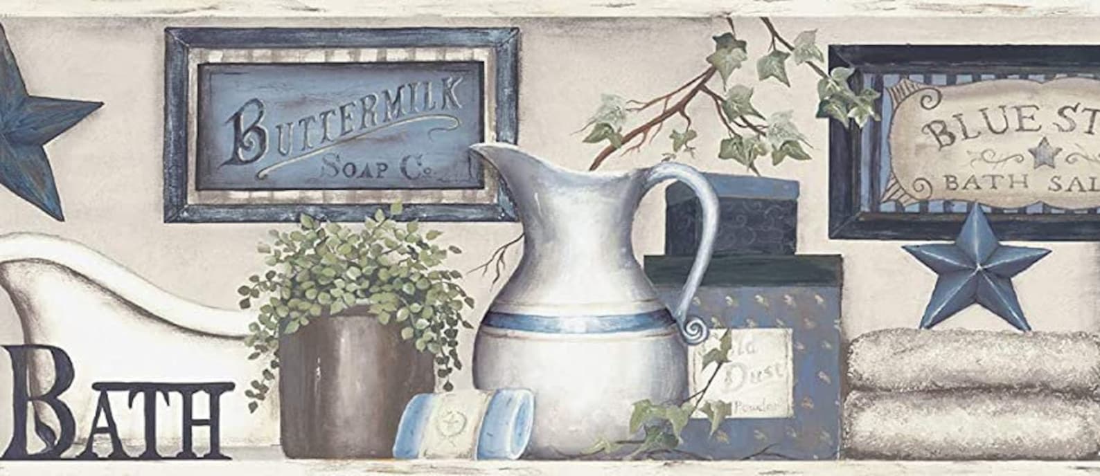 Country Bath Blue Rustic Wallpaper Border 311963104b Etsy