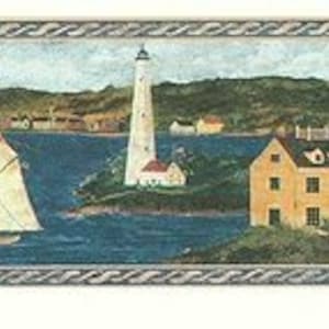 May include: A seascape wallpaper border with a white lighthouse on a small island, a sailboat in the water, and a yellow house on the shore. The border has a blue and white rope design.