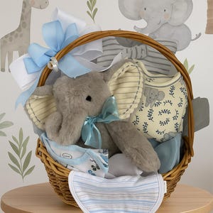 Safari Themed Elephant Gift Basket for Baby Shower - Unique Present for New Mom and Baby Boy,  Safari Elephant Nursery Gift for New Baby