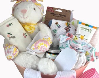 Baby Girl Gift Basket, Plush Bunny Baby Shower Girl Gift Basket, Baby Shower Gift, New Mom Gift,  Welcome Baby Gift Basket,  New Baby Gift