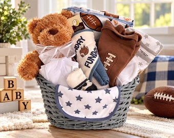 Football Baby Gift Basket, Newborn Essentials, Teddy Bear, Wicker Basket (One of a Kind)