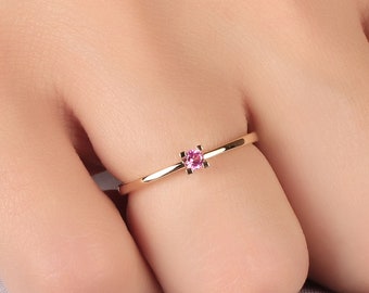 14K Solid Gold Pink Sapphire Ring: Minimalist Diamond Initial Ring