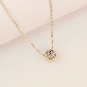 14K Gold Diamond Necklace | 7 Stone Bezel Set Diamond Choker Necklace | Round Pendant Diamond | 14K Solid Diamond Fine Jewelry for Women